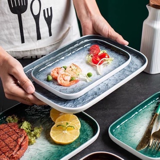 Đĩa sứ chữ Nhật Vân Đá 2 size phong cách Bắc Âu, Đĩa sứ beefsteak ( bít-Tết) đĩa sứ nhà hàng