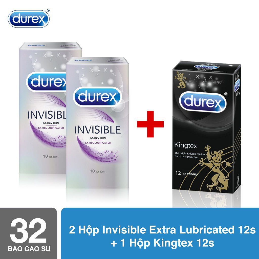 [PHÁT HIỆN GIẢ ĐỀN 200%] Combo 2 Hộp 10 cái Bao cao su DUREX INVISIBLE Cực mỏng + TẶNG 1 Hộp 12 cái Durex Kingtex Ôm sát