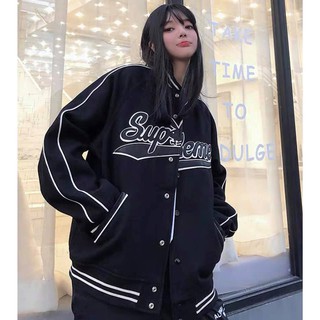 Áo khoác Bomber Supreme Varsity màu đen thêu chữ - vải dù hai lớp kiểu dáng trẻ trung cho nam và nữ MAYLANSTOE