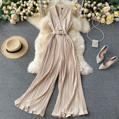 Jumpsuit cổ véc quần ống rộng xếp ly   170222