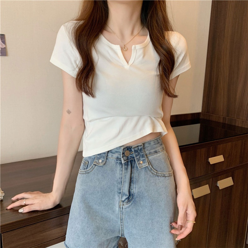 Áo Thun Crop Top Tay Ngắn Cổ Chữ V Màu Trơn Đơn Giản Thời Trang Mùa Hè Dành Cho Nữ