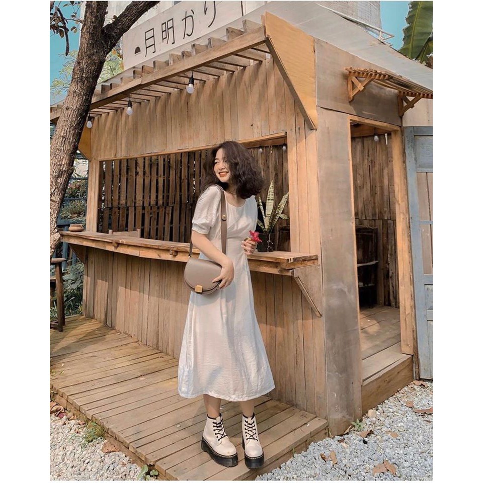 [Mã SKAMA06 giảm 8% tối đa 50K đơn 250K] ĐẦM TRẮNG MIDI CỔ TRÒN VINTAGE