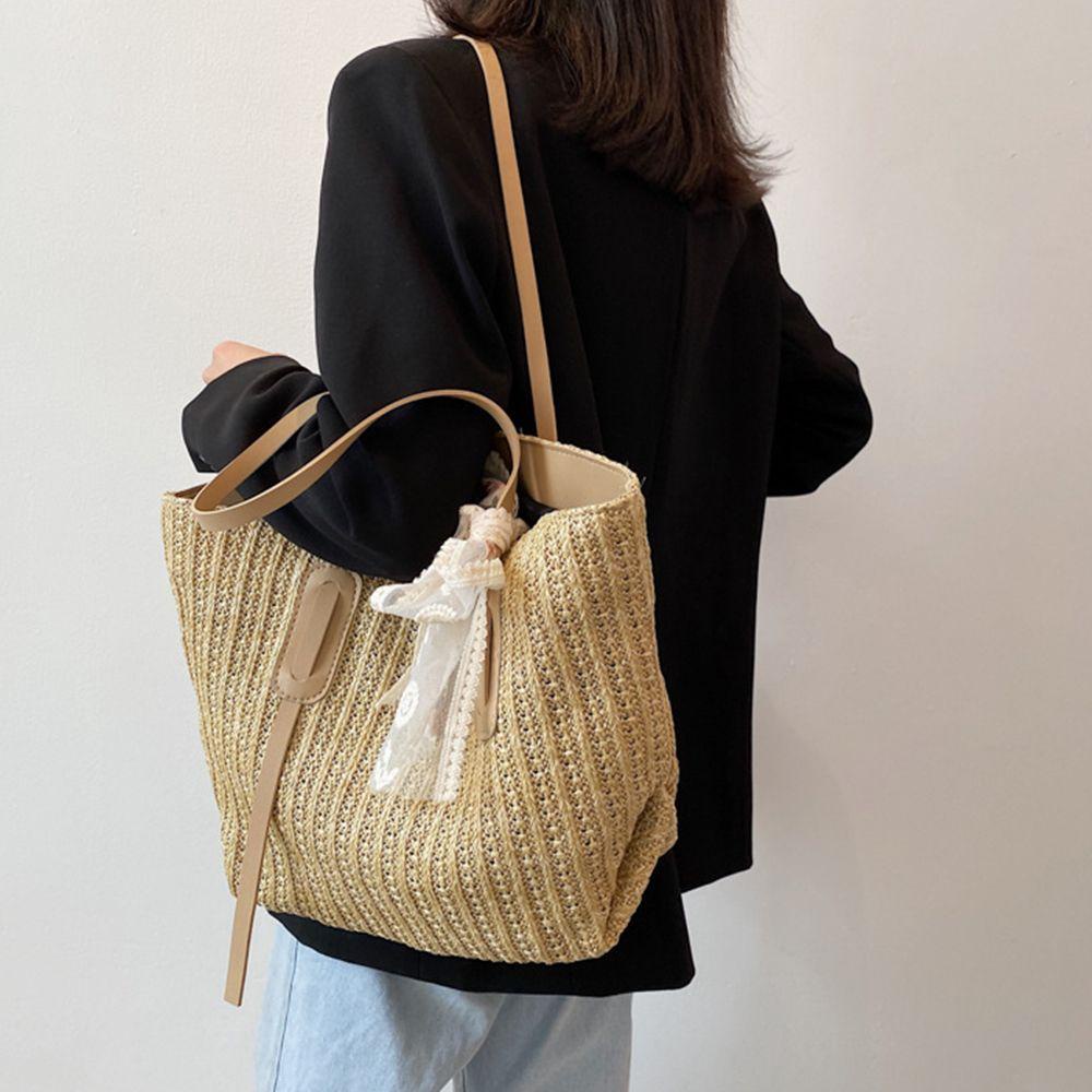 1 Túi Xách Đeo Vai Vải Dệt Phối Ren Cỡ Lớn Phong Cách Vintage Thời Trang Mùa Hè