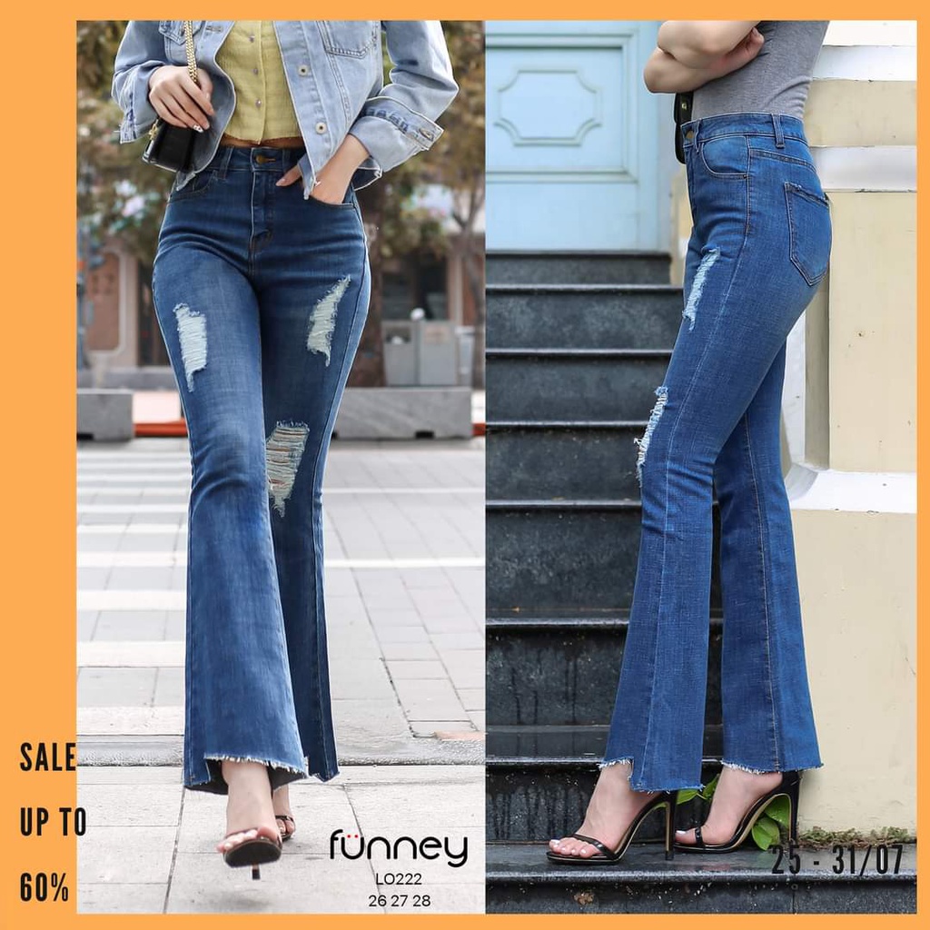 QUẦN JEAN ỐNG LOE BASS NỮ   RÁCH TO 2 BÊN ĐÙI LƯNG CAO CHE KHUYẾT ĐIỂM  THỜI TRANG THUYDIEUSHOP96