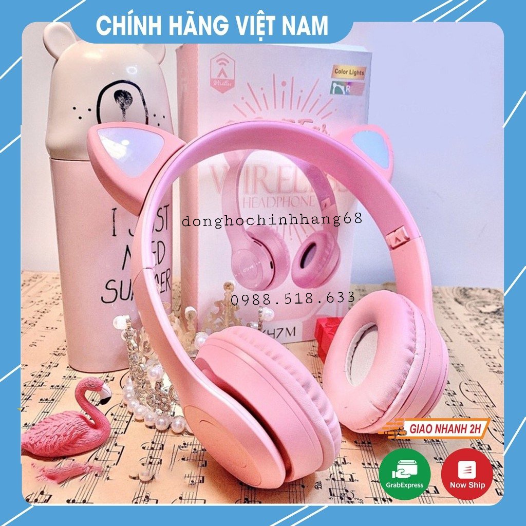 Tai Nghe Mèo Bluetooth P47M, Tai Mèo Dễ Thương Có Mic, Âm Bass Mạnh Mẽ Nghe Nhạc Cực Hay Bảo Hành 12 Tháng