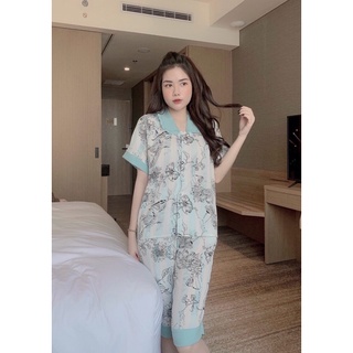 Pijama Tay Ngắn Quần Lửng Lụa Mango Cổ Bèo Tiểu Thư