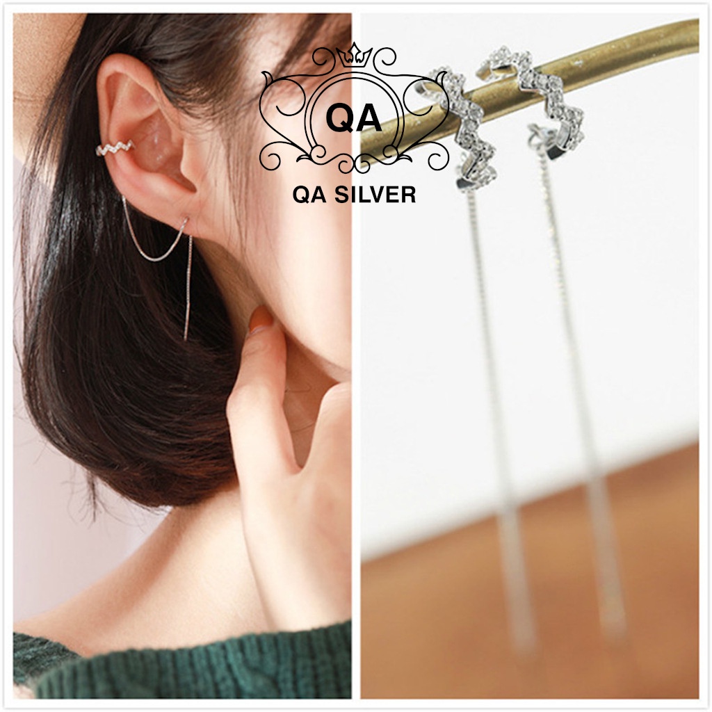 Khuyên tai bạc 925 kẹp vành răng cưa đính đá bông nữ dài S925 ZIGZAG Silver Earrings QA SILVER EA180101