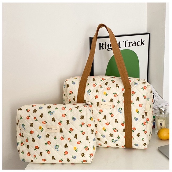 Túi Xách Mua Sắm Vải cotton Cỡ Lớn In Họa Tiết Gấu Dễ Thương Có Khóa Kéo Phong Cách Hàn Quốc