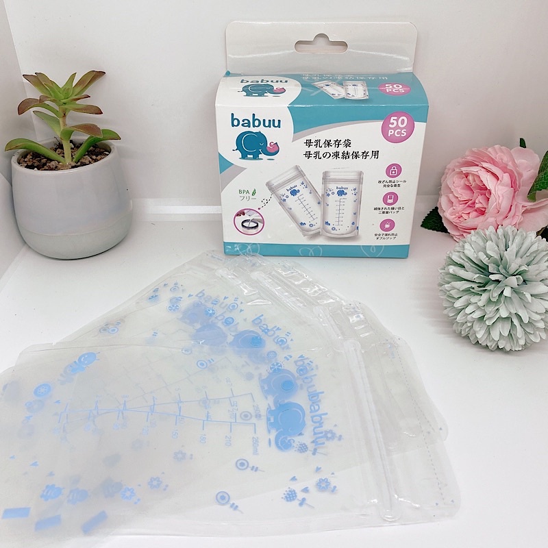 Hộp 50 túi trữ sữa Babuu Baby Nhật Bản hộp 50 chiếc dung tích tối đa 250ml - Tặng 01 bút ghi chú