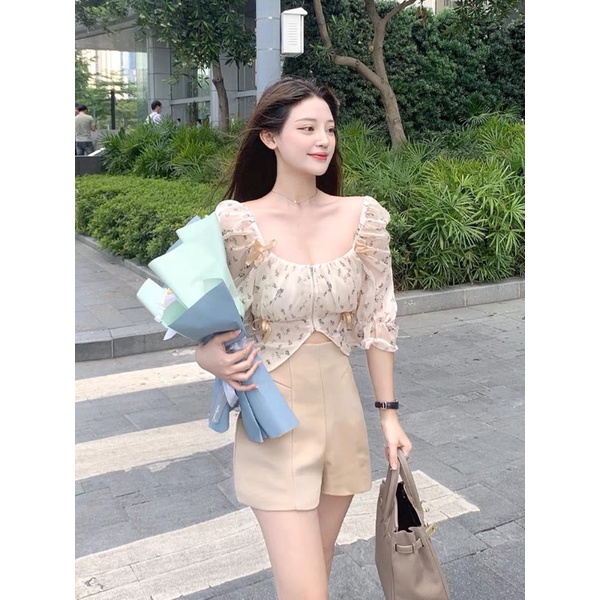 Áo hoa tay lỡ có khoá kéo dáng croptop sẽy cực xinh AH04