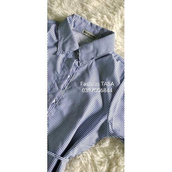 X2 váy sơ mi sọc tà tròn Đầm công sở thắt dây eo tôn dáng