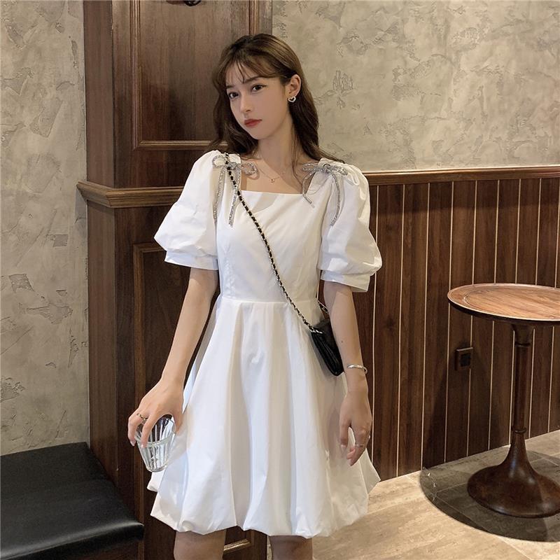 Đầm Chữ A Tay Ngắn Phồng Cổ Vuông Thắt Nơ Phong Cách Hàn Quốc Thời Trang Mùa Hè Hàng Mới Dành Cho Bạn Nữ