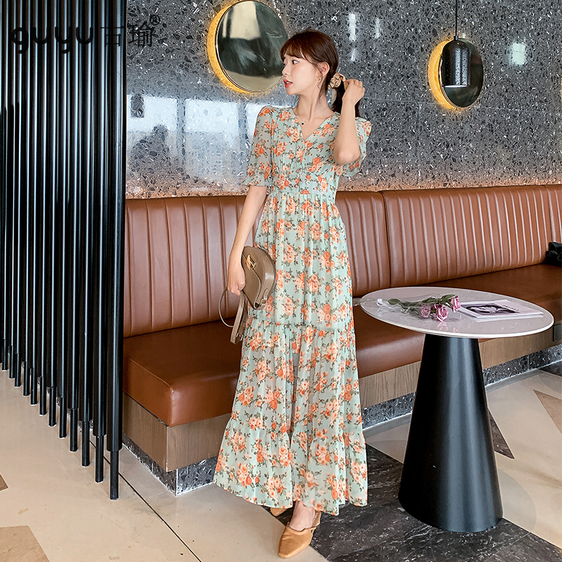 Đầm Maxi Tay Ngắn Cổ Chữ V Hoạ Tiết Hoa Có Size S-2Xl Dành Cho Nữ