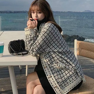 Áo cadigan len dạ kẻ ô