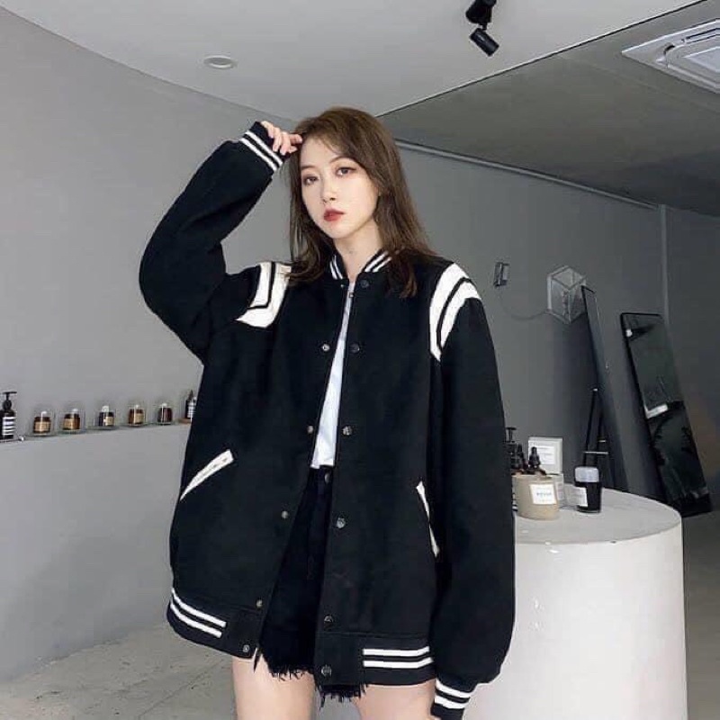 Áo Khoác Nỉ Bomber Viền Vai Phối Kẻ Sọc Trắng Unisex Nam Nữ Form Rộng Hàn Quốc Phong Cách Trẻ Trung