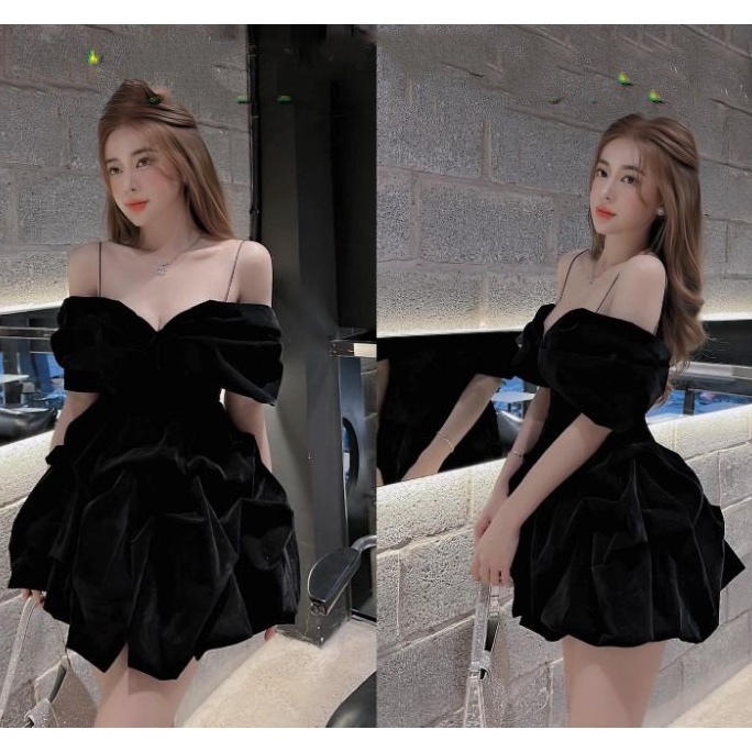 [HÀNG ĐẸP] Đầm 2 Dây Nhung Đỏ Xòe Bẹt Vai Xếp Li alohashop91