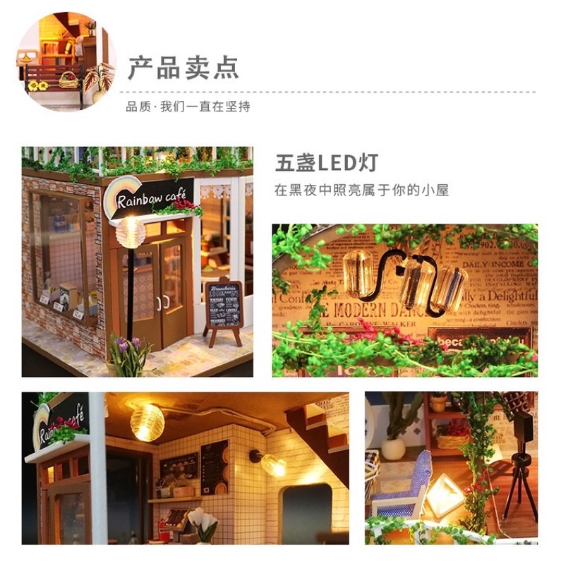 (Tặng mica,keo sữa,đèn)Nhà búp bê bé tự lắp ráp đô chơi Mô hình gỗ diy doll house tiệm cafe M906