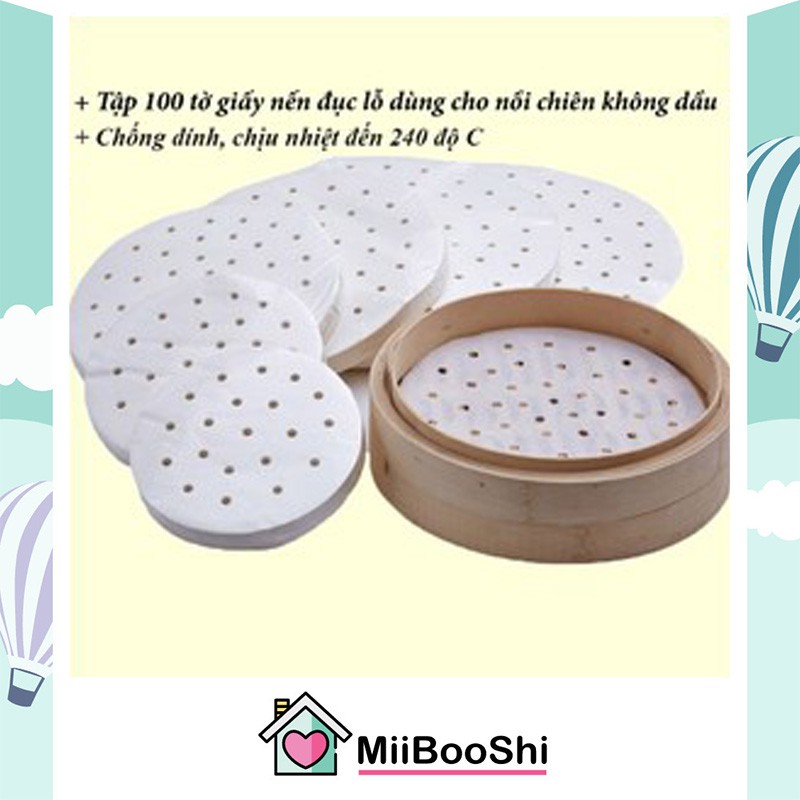 Giấy nến cho nồi chiên không nướng bánh làm bánh tập 100 tờ giấy thấm dầu đục lỗ tròn tặng bình xịt dầu MiibooShi MB28