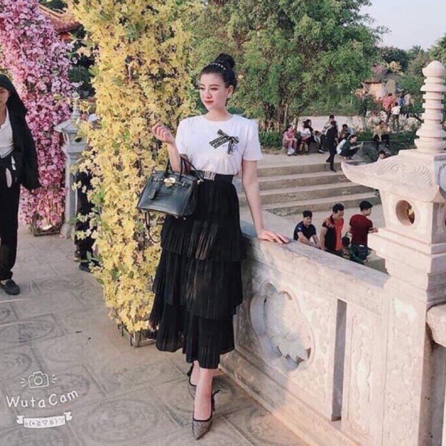 Chân váy xòe tầng dáng dài dập nhăn 4t, Chân váy tầng dáng dài CV1367 - NhiNhiShop