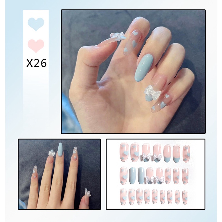 Bộ 24 móng tay giả đính nơ màu xanh thời trang Jojo X26 móng giả nailbox kute tự làm tại nhà kèm keo gắn