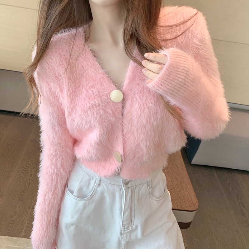 Áo khoác cardigan dệt kim IHKKE cổ chữ v dáng ngắn phong cách Pháp