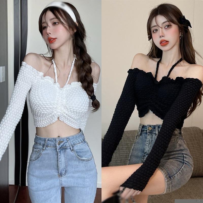 Áo thun croptop tay dài hở vai màu sắc trơn phong cách Hàn Quốc cho nữ Áo croptop