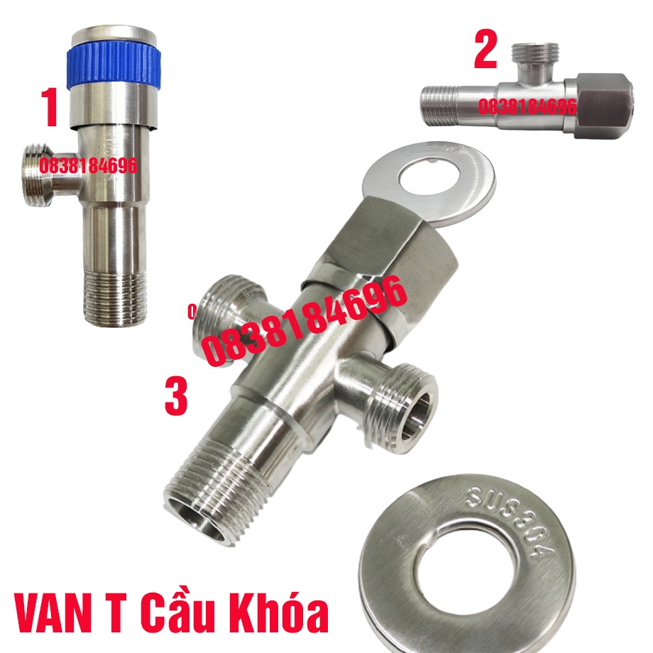 {LOẠI CAO CẤP CÓ KHÓA} Van Chia Nước VAN T van F vòi xịt vệ sinh và bồn cầu inox 304 T CẦU BA NGÃ CÓ KHÓA, xước mờ NK17