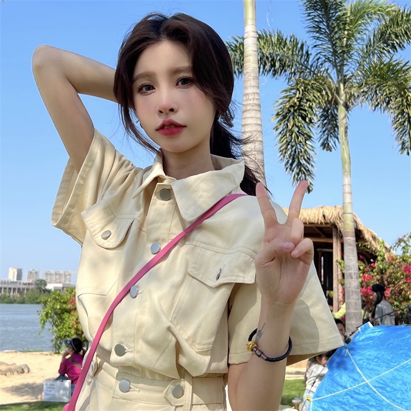 Đầm denim Tay Ngắn Cổ Sơ Mi Phong Cách Hàn Quốc Thời Trang Cho Nữ