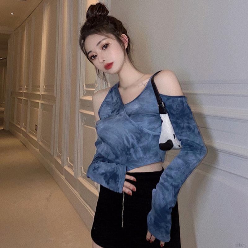 Áo thun tay dài cổ chữ V thời trang Hàn Quốc quyến rũ cho nữ