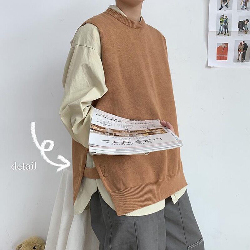Áo Sweater Dệt Kim Sát Nách Dáng Rộng Kiểu Retro Đường Phố Cá Tính Cho Nam