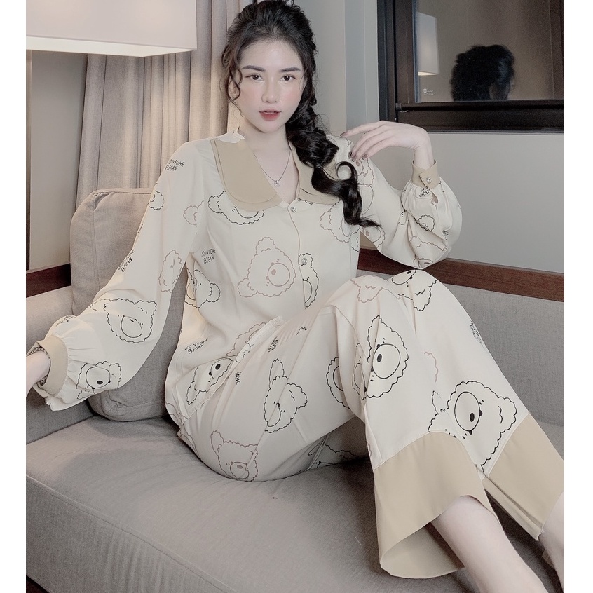 Đồ bộ nữ pijama lụa ngủ dễ thương mặc nhà dài tay quần dài mango cao cấp JUSOKA