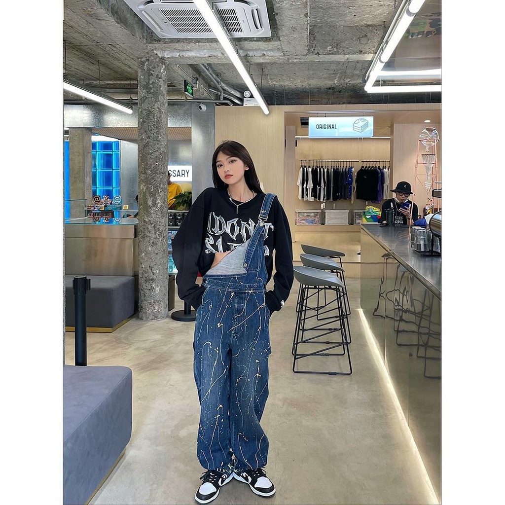 Honypove Quần yếm denim ống rộng phong cách hiphop thời trang đường phố cho nữ