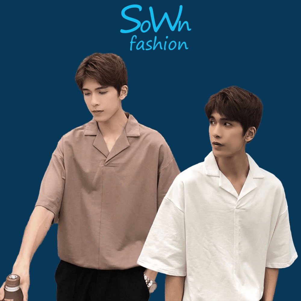 Áo sơ mi ngắn tay Unisex Cổ Vest trơn trắng và đen - Kiểu sơ mi không cúc tay ngắn form rộng SownFashion