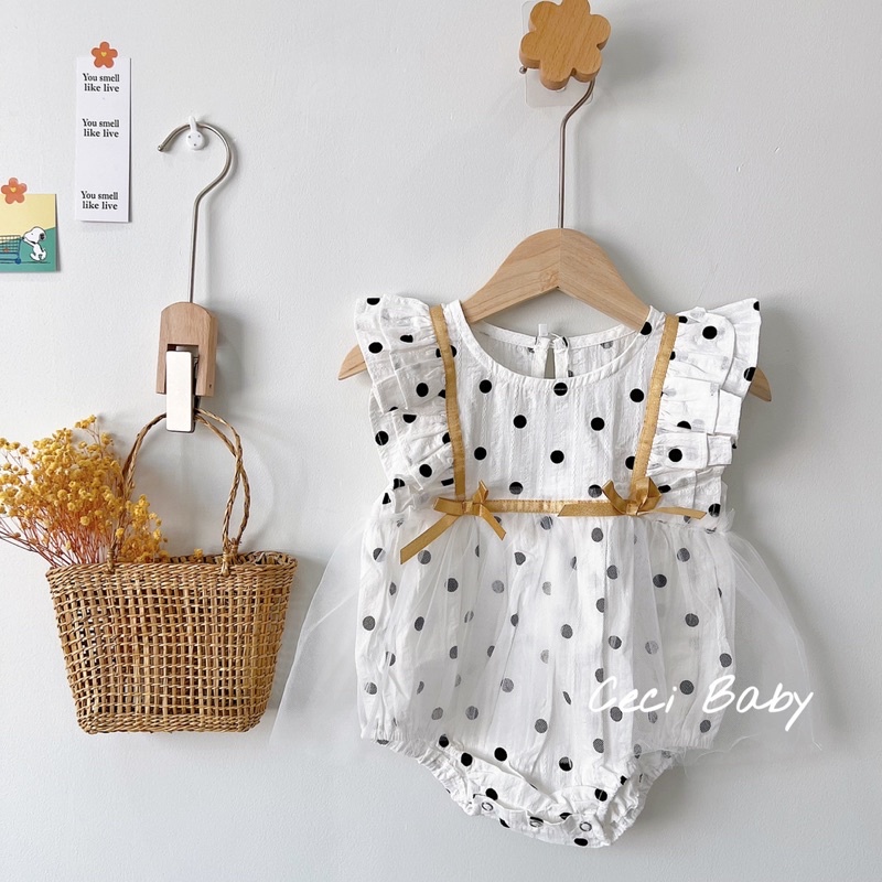 Body bé gái chấm bi phối ren kèm băng đô đáng yêu