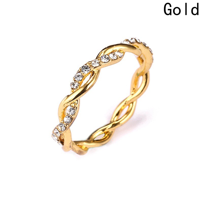 Womens Exquisite Thin Twisted Rhinestone Ring Gold Gift Ring Diamond CZ Elegant Single Ribbon Ring