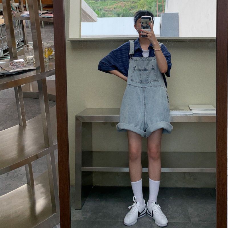 [ORDER] Quần yếm short xanh nhạt ống rộng chất jean thời trang ulzzang style