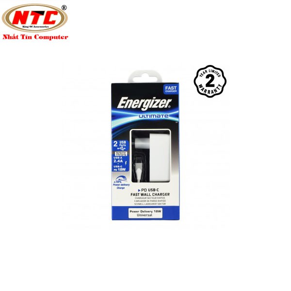 Bộ cốc sạc 2 cổng Energizer 30W PD18W 1 cổng Type-C và 1 cổng USB kèm cáp USB 2 đầu Type-C - AC11PFEUUCC3 (Trắng)