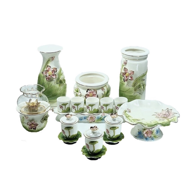 Bộ Thờ Cúng - Sét Đồ Thờ Phụng Sen Kim Xanh Bông Hoa Nổi Cao Cấp Gồm Bình, Lư, Dĩa...