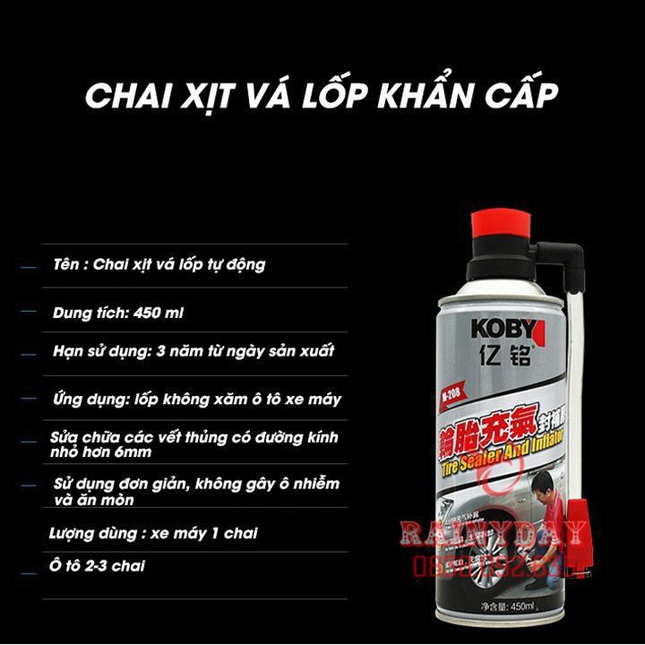 [Hàng Chuẩn Loại 1] Bình chai bơm keo tự vá vỏ lốp bánh xe máy ô tô Koby 450ml khẩn cấp có và không săm thông minh .