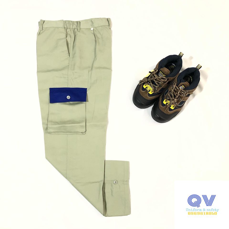 Quần bảo hộ lao động - Quần ghi phối xanh , đỏ - vải kaki v31