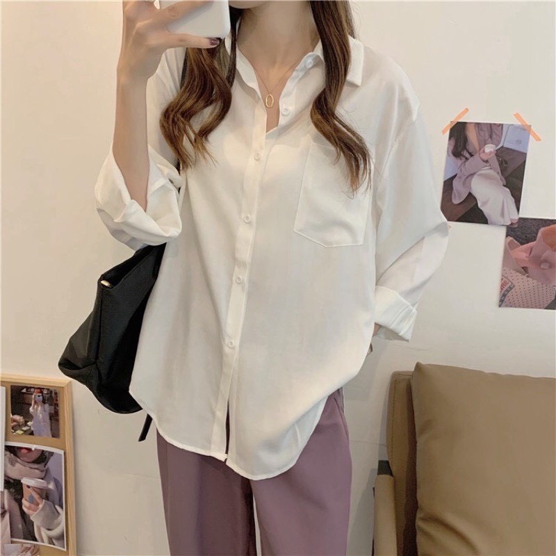Áo sơ mi trắng lụa hàn tay bồng túi ngực ulzzang