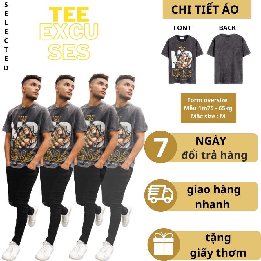 Áo thun tay lỡ nam nữ in chữ Excuses , Vải Cotton Form Oversize - SELECTED.STORE
