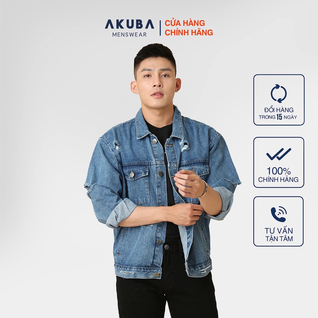 Áo khoác jean nam rách AKUBA form slimfit, độ rộng vừa phải chất liệu jean dày dặn, phong cách Hàn Quốc 01D0145