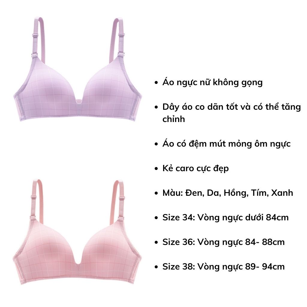 Áo ngực nữ su không gọng đệm mút mỏng mềm mại thoáng mát, Áo lót nữ họa tiết caro dễ thương LANIXA A125