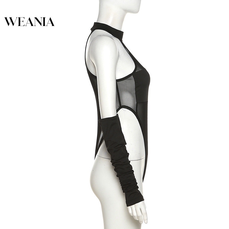 Bộ Áo Liền Quần Cổ Tròn Phối Lưới Ôm Dáng Kèm Găng Tay Gợi Cảm Cho Nữ