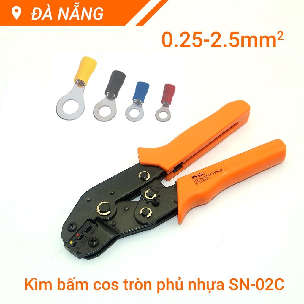 Kìm bấm cos tròn phủ nhựa 02C cho dây Φ 0.5 - 1.6  thiết diện 0.25-2.5 mm² 24-14 AWG