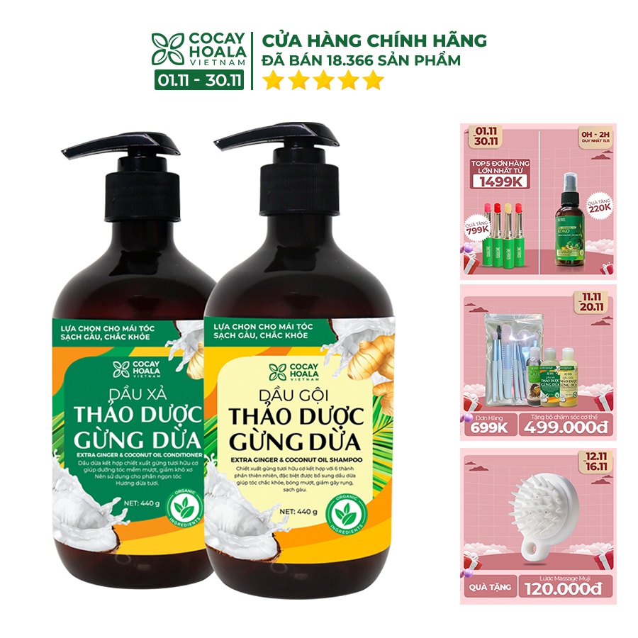 Dầu gội hữu cơ sạch gàu gừng dừa Cocayhoala làm mềm mượt tóc, giảm rụng tóc, phục hồi hư tổn dung tích 440g/chai
