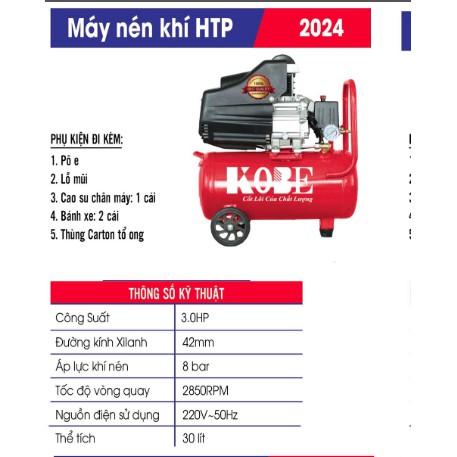 Máy nén khí có dầu 30lit KOBE-2024 3.0 HP công nghệ Nhật Bản - Electric24h