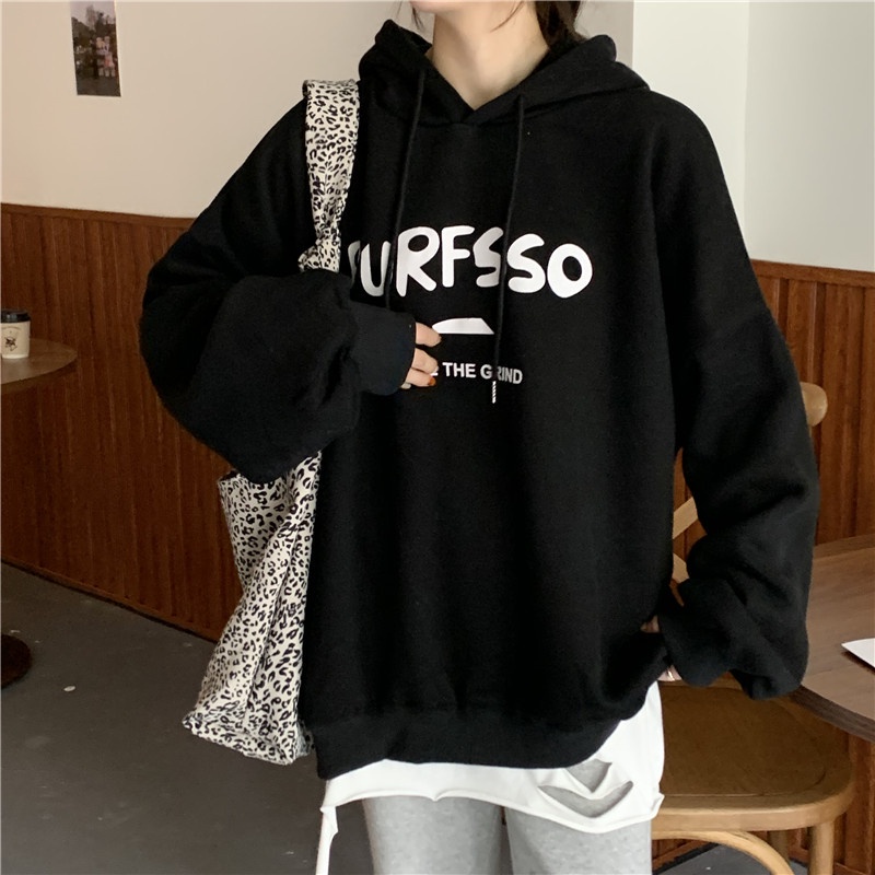 Áo sweater tay dài dáng rộng in chữ kiểu Hàn Quốc dễ phối đồ