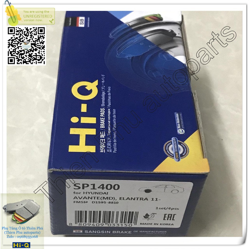 Má phanh chính hãng Hi-Q cho Accent  trước + Elantra + K3  + Cerato + RIO + Rondo